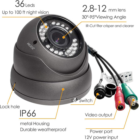 HD 1080P Analog CCTV Security Dome Camera 4-in-1 (TVI/AHD/CVI/CVBS) Outdoor, 2.8mm-12mm Varifocal Lens, Weatherproof