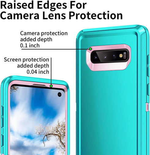 Galaxy S10 Case, Heavy Duty Shockproof Dust/Drop Proof 3 Layers Full Body Protection Rugged Case, Mint Green/Pink