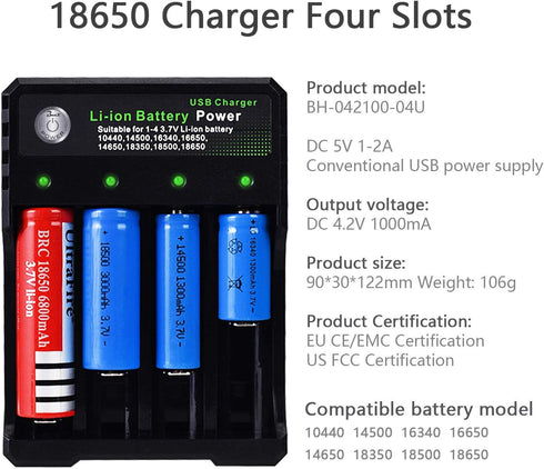 18650 Battery Charger 4 Bay Fast Charge for 3.7V Li-ion Batteries, USB Intelligent Universal Charger