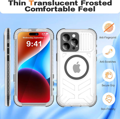 iPhone 15 Pro Max Waterproof Case Compatible with MagSafe, Translucent Slim IP68 Underwater Built-in Screen Protector,