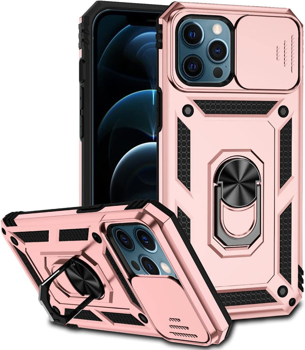 iPhone 12 Pro Max Case with Camera Cover & Kickstand, Impact-Resistant Shockproof Protective Bumper (Rose Gold)