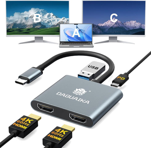 Daguaika USB C to Dual HDMI Adapter 4K@60Hz, 4-in-1 HDMI Splitter for Dual