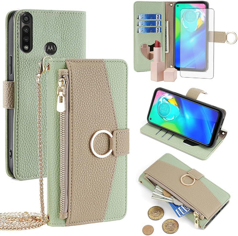 Asuwish Moto G Power 2020 Wallet Case: Green Flip Cover, Tempered Glass Protector, Card Holder, Crossbody Strap, Stand.