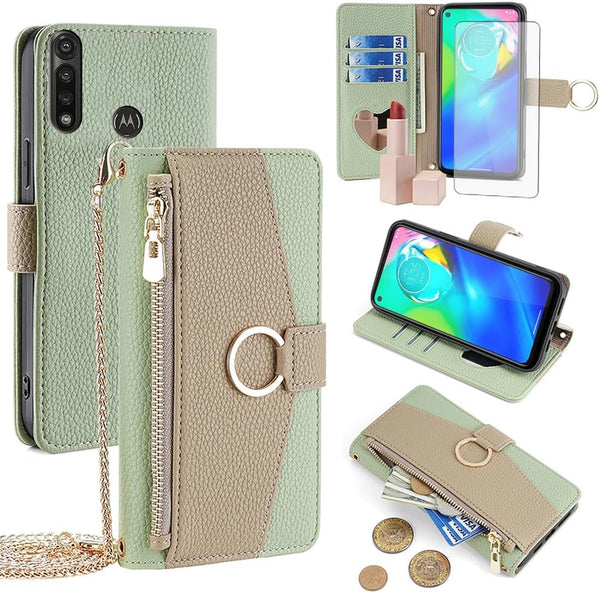 Asuwish Moto G Power 2020 Wallet Case: Green Flip Cover, Tempered Glass Protector, Card Holder, Crossbody Strap, Stand.