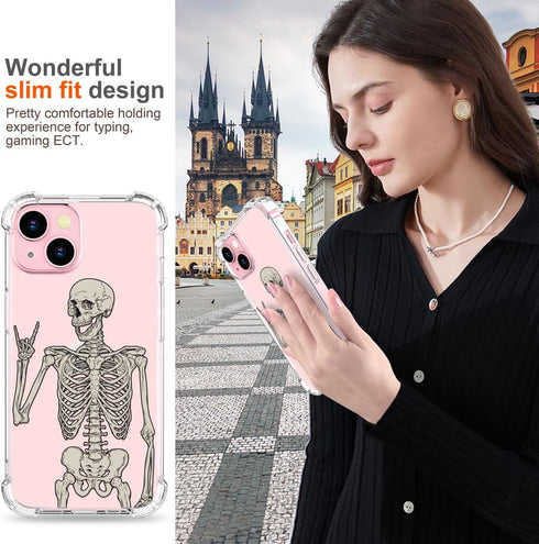 for iPhone 15 Case, Cute Skull Skeleton Clear Design, Girly Floral Transparent Case Compatible with iPhone 15
