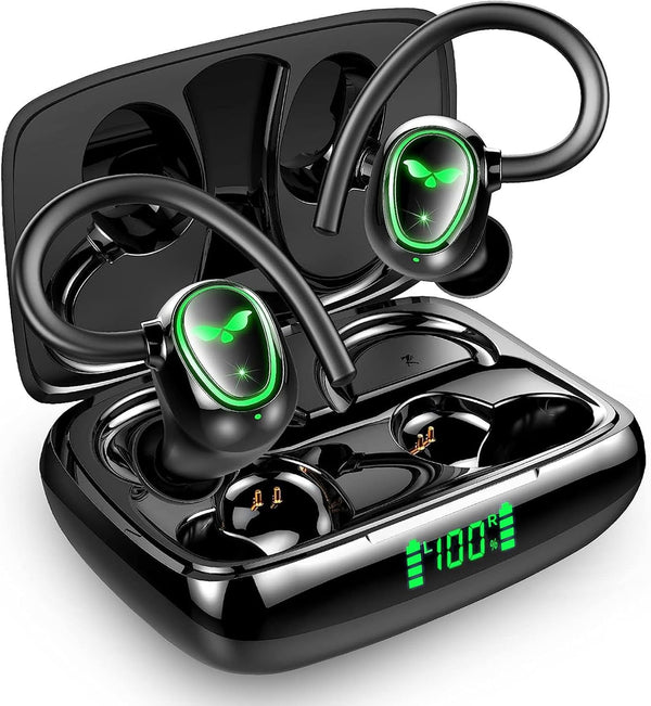 Bluetooth Wireless Headphones with 60hrs Playback, IPX6 Waterproof, Stereo Bass, Earhooks, LED Display