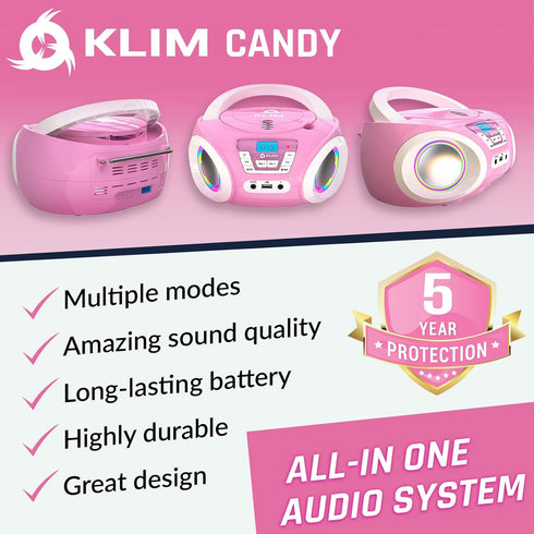 KLIM Candy Kids Portable CD Player, New Version 2024, FM Radio, Batteries Included, Cute Pink Boombox for Kids
