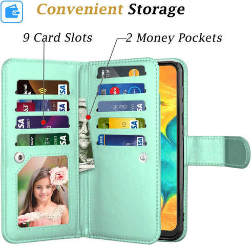 Takfox Wallet Case for Samsung Galaxy A50, PU Leather with 9 Card Slots, Folio Flip Magnetic Detachable Case (Turquoise)