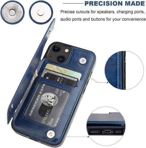 ONETOP Wallet Case for iPhone 13, PU Leather Kickstand with Card Holder, Double Magnetic Clasp, 6.1 Inch (Blue)