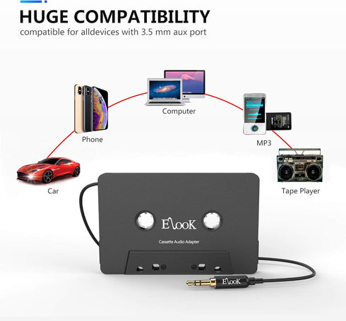 Elook Car Cassette Aux Adapter, 3.5mm Universal Audio Cable Tape Adapter for Car, Phone, MP3 etc. Black