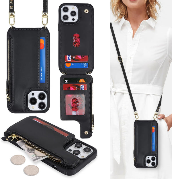 Cavor iPhone 13 Pro Case with Card Holder, Wallet Case for Women, Phone Case with Strap, Crossbody Lanyard and