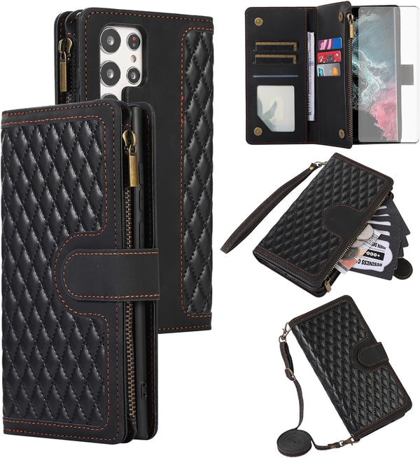 Asuwish Wallet Case for Samsung Galaxy S23 Ultra 5G - Black, 6.8", with Tempered Glass, Wrist Strap & Card Holder.
