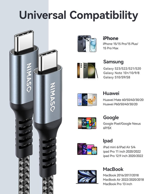 NIMASO USB C to C Cable 4-Pack (10ft, 6.6ft, 3.3ft, 1ft) for iPhone 15, iPad Mini 6, MacBook Pro, Galaxy S23, Switch.