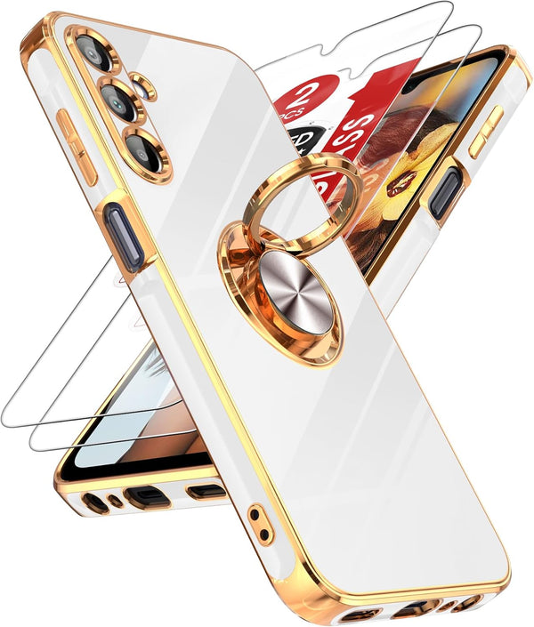 LeYi Samsung A15 5G Case with Tempered Glass Screen Protector, White 360° Rotatable Ring Holder Magnetic Kickstand
