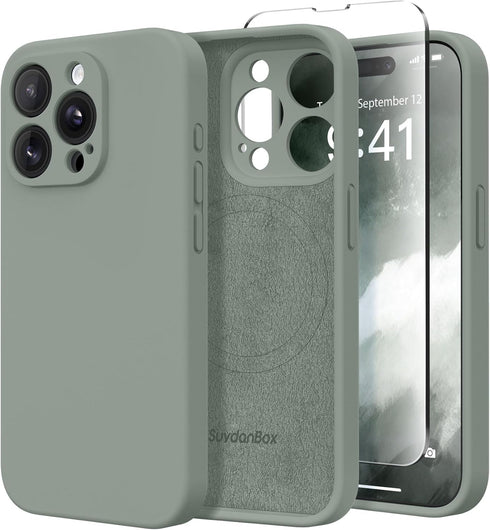 Calke Green iPhone 15 Pro Case - Magnetic, MagSafe Compatible, Silicone Shockproof, Full Camera Protection & 2 Screen