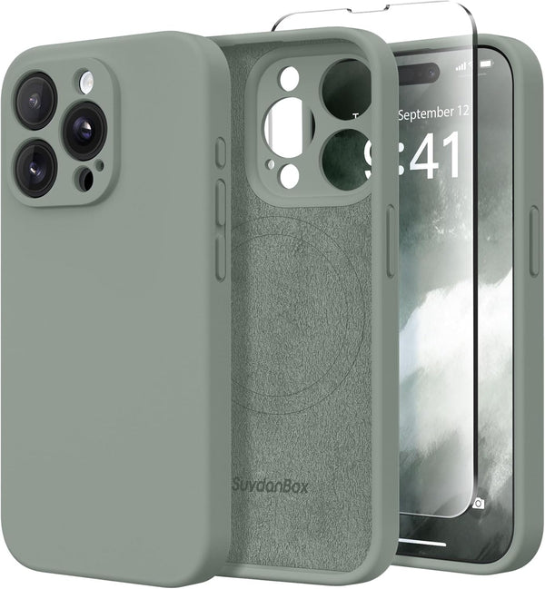 Calke Green iPhone 15 Pro Case - Magnetic, MagSafe Compatible, Silicone Shockproof, Full Camera Protection & 2 Screen