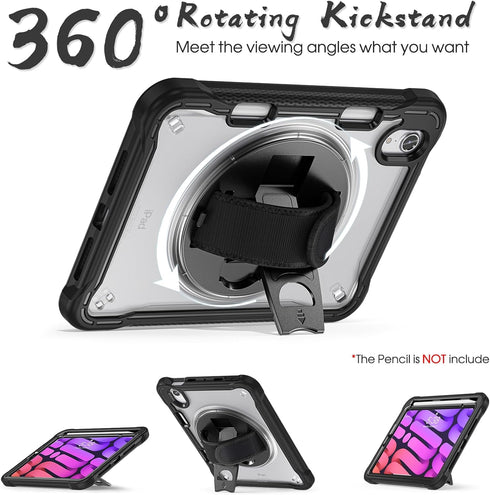 BRAECNstock iPad Mini 6 Case 8.3 inch 2021, Shockproof Cover with Screen Protector, Pencil Holder, 360 Rotate Stand,