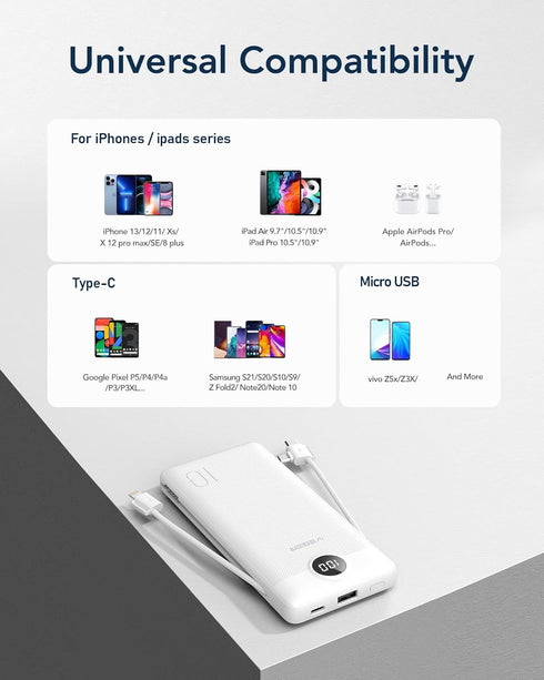 VEGER Portable Charger 10000mAh, Built-in Cables & Wall Plug, Slim Fast Charging Power Bank for iPhone & More - White