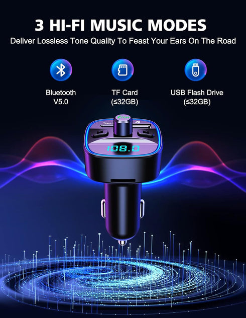 Bluetooth FM Transmitter for Car, 20W & QC 3.0 Quick Charging Adapter, Hands-Free Calling, Wireless FM Radio Receiver