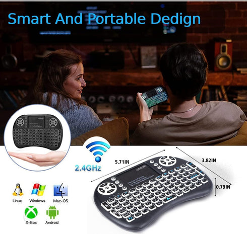 2.4GHz Backlit Mini Keyboard - Wireless Keyboard with Touchpad and Multimedia Keys for Android TV, Smart TV, and More