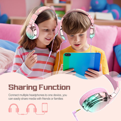 QearFun Kids Headphones with Microphone - Wired Headphones for Kids with Volume Limit, Sharing Jack, Foldable for iPad
