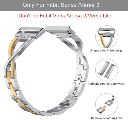 Wearlizer Metal Band for Fitbit Versa 4/3/Sense/Sense 2 - Dressy Stainless Steel Bling Rhinestone Replacement Strap