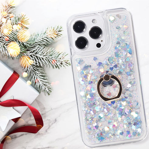 Glitter Case with Ring Holder for iPhone 13 Pro, Clear Kickstand Soft TPU Rubber Bumper, Silver