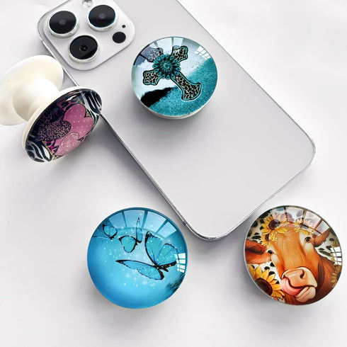 Expandible Collapsible Clear Crystal Glitter Mobile Phone Grip Stand Holder for Smartphones & Tablets (Blue Butterfly)