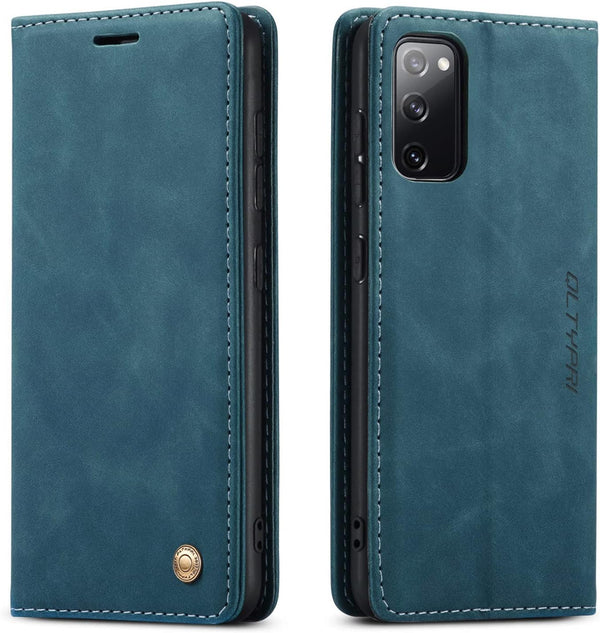 QLTYPRI Vintage Leather Wallet Case - Blue for Samsung Galaxy S20 FE 5G, Shockproof Flip Folio with Card Slot &