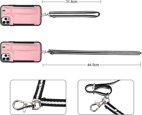 TOOVREN Wallet Case for iPhone 12 Pro Max - Lanyard Case with Leather PU Card Holder, Adjustable Detachable Neck Strap