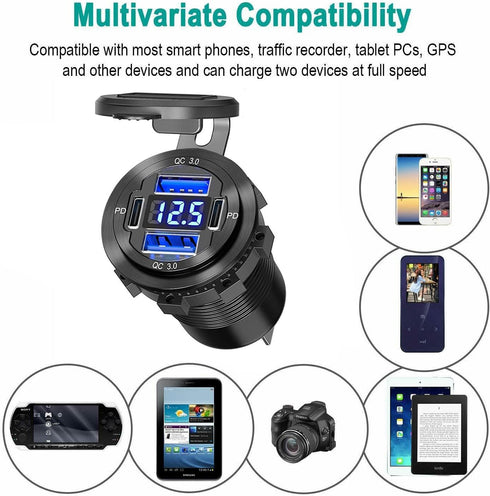 12V USB Outlet Car Charger Socket, 78W Dual 30W PD and Dual 18W QC3.0 with Voltmeter Switch, Aluminum Power Outlet