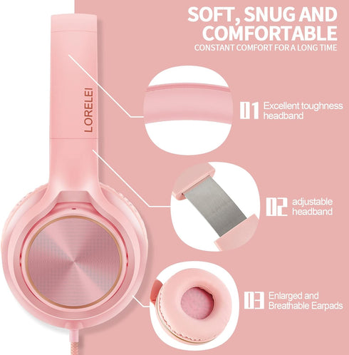 LORELEI S9 Wired Headphones with Microphone for School, On-Ear Kids Headphones for Girls Boys, Folding Lightweight