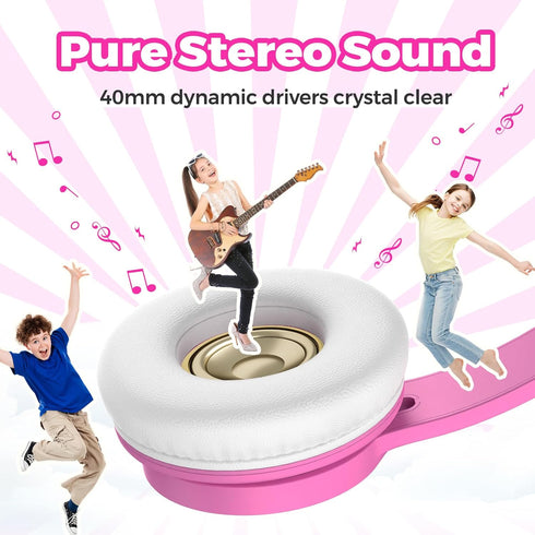 Shop upgraded Pink Kids Headphones: Wired, foldable, 85dB volume limit, stereo sound for school, travel, and tablets.