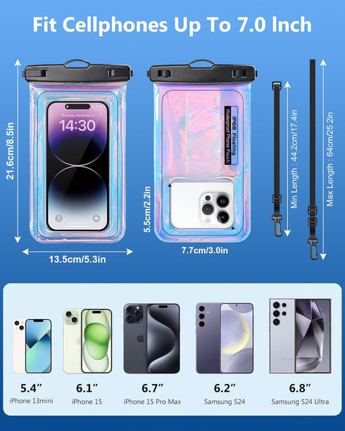 Floating Waterproof Phone Pouch, IPX68 Case with Lanyard for iPhone 15 14 13 12 Pro Max Samsung S24 S23 S22, Dazzling
