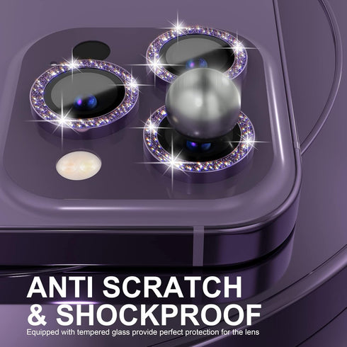 Choiche Bling Camera Lens Protector for iPhone 14 Pro/Pro Max, 9H Tempered Glass, Glitter-Purple, Metal Ring Decor.
