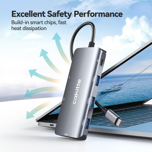 USB C Hub, Cakitte 7 in 1 USB C to 4K@60HZ HDMI Multiport Adapter, 3 USB 3.0 Ports, SD/TF Card Reader, 100W PD