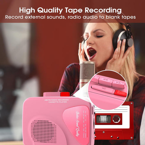 Walkman Cassette Player AM/FM Radio, Portable Tape Player with Built-in Speakers, Manual Record - Pink