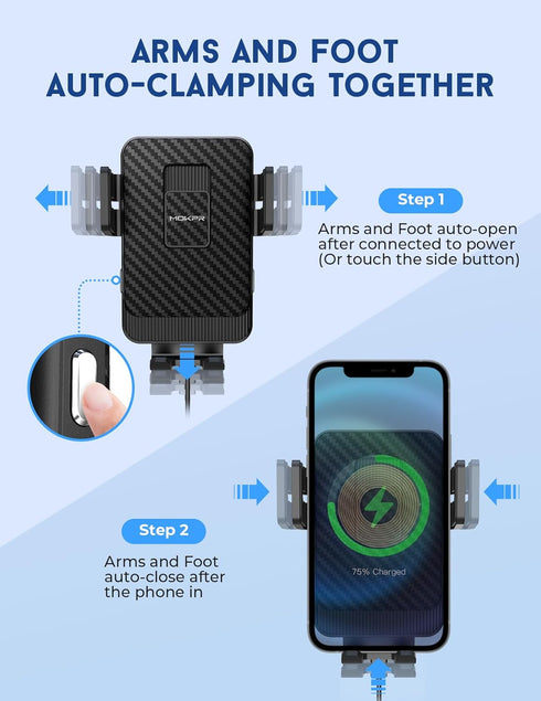 MOKPR Wireless Car Charger, 15W Fast Charging Auto-Clamping Mount, Dashboard Holder for iPhone 15/14/13/12/Samsung