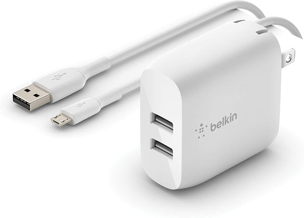 Belkin 24W Dual Port USB Wall Charger with Micro USB Cable, Fast Charging Block for iPhone, Power Bank, and More.