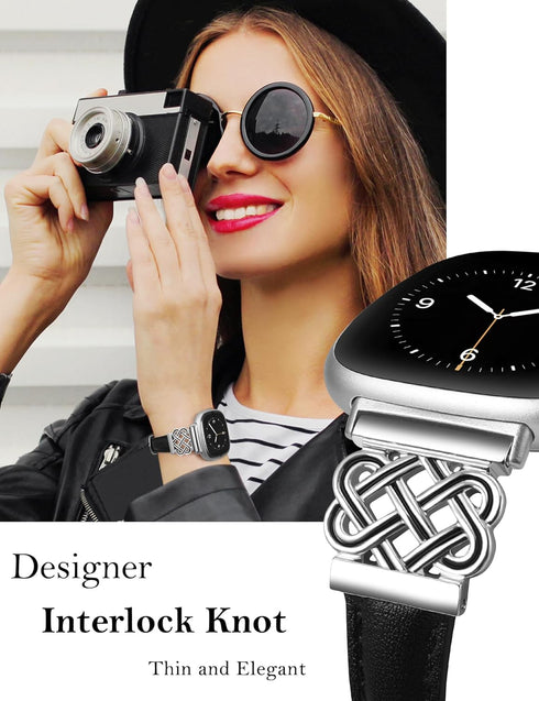 TOYOUTHS Leather Band for Fitbit Versa 4/3/Sense 2, Slim Thin Dressy Designer Premium Leather Strap with Interlock