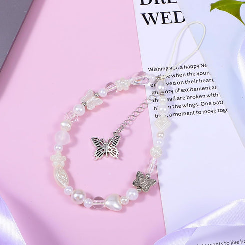 Qulkws Y2K Beaded Camera Wrist Strap Butterfly Cellphone Lanyard Strap Phone Charms Cute Pearl Digital Camera Charm