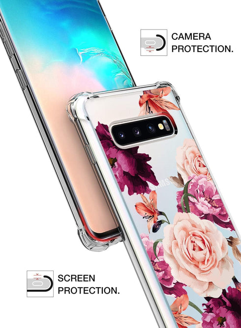 KIOMY Clear Case for Samsung Galaxy S10+ / S10 Plus, Shockproof Bumper Protective Phone Cover with Red Flower Design