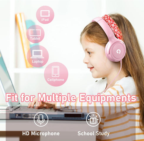 Kids Headphones with Cord, 3.5mm Jack, Safe Volume Control, Built-in Microphone, Pink