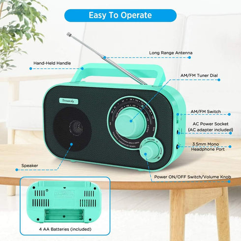 DreamSky AM FM Portable Radio - Plug in Wall or Battery Operated, Strong Reception, Easy to Use, Gifts for Seniors
