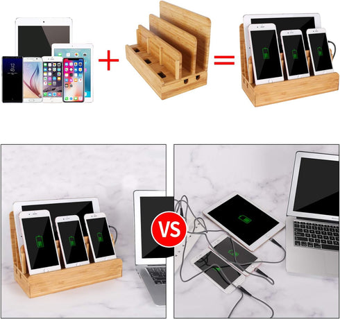 Bamboo Wood Multi-Device Desktop Charging Dock Station, Compatible with iPhone Xs MAX, iPad Mini, Samsung Tablets