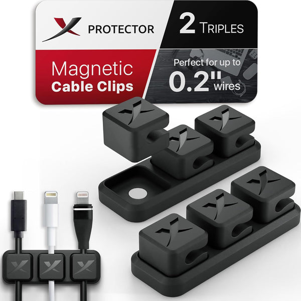 X-Protector Magnetic Cable Holders - 2 Triples Premium Self-Adhesive Cable Clips for Car, Desk, Cord Organizer, Black