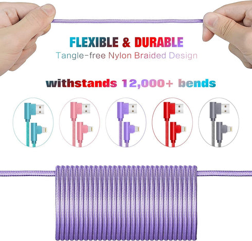 6FT Right Angle Lightning Cable 5 Pack - Fast Charging Nylon Braid for iPhone 12/11/XS/XR/8/7/iPad.