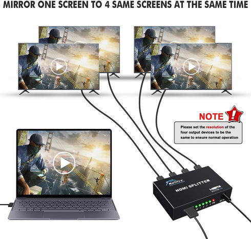 HDMI Splitter 1 in 4 Out V1.4b Powered Video Splitter with AC Adaptor Supports Ultra HD 1080P 2K x4K@30Hz