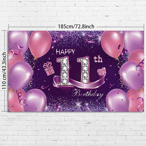 Happy Birthday Party Decorations, Large 72.8 x 43.3 Inch Fabric Backdrop for Girls Birthday Party, Pink Purple