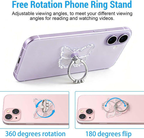 Kinizuxi 2PcsTransparent Diamonds,360Rotation Phone Ring Holder Grip, Clear Butterfly Cell Phone Ring Holder Stand